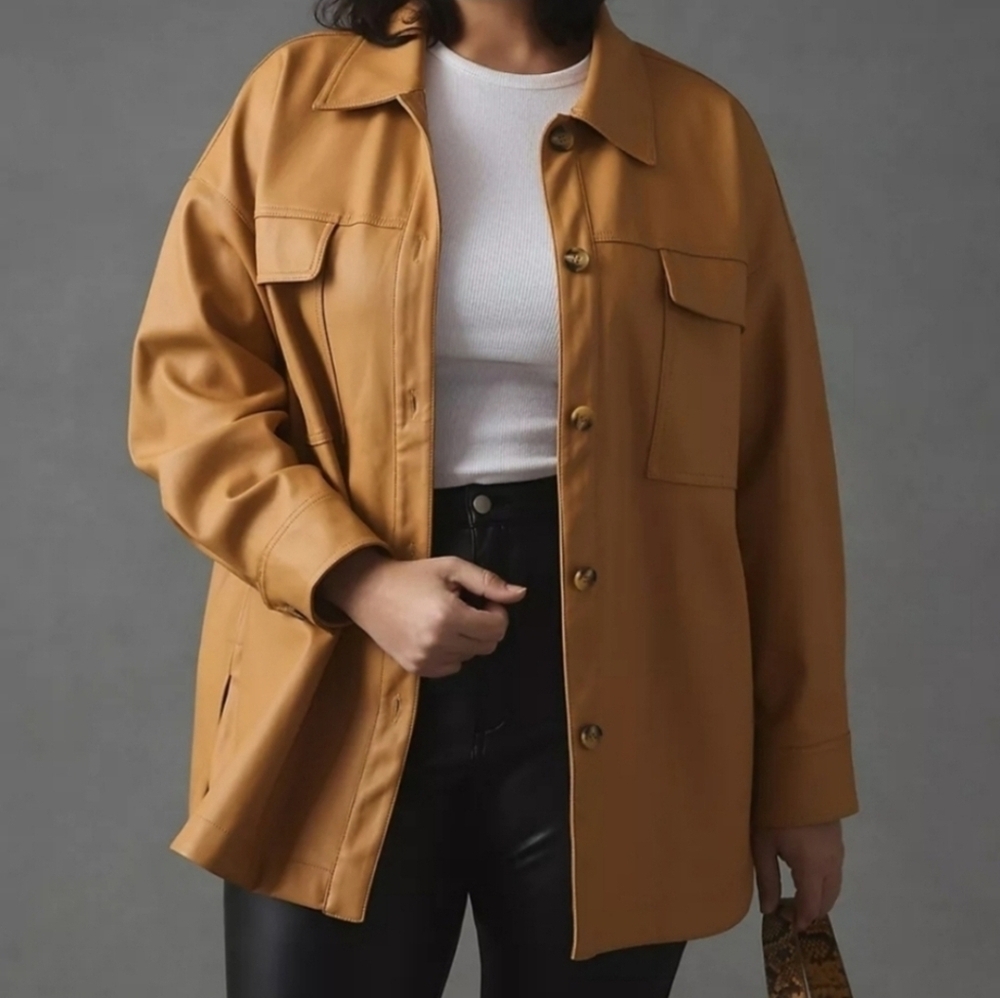 Anthropologie Maeve Faux Leather Shacket Camel Tan Button Front Jacket NWT Large - Picture 8 of 16